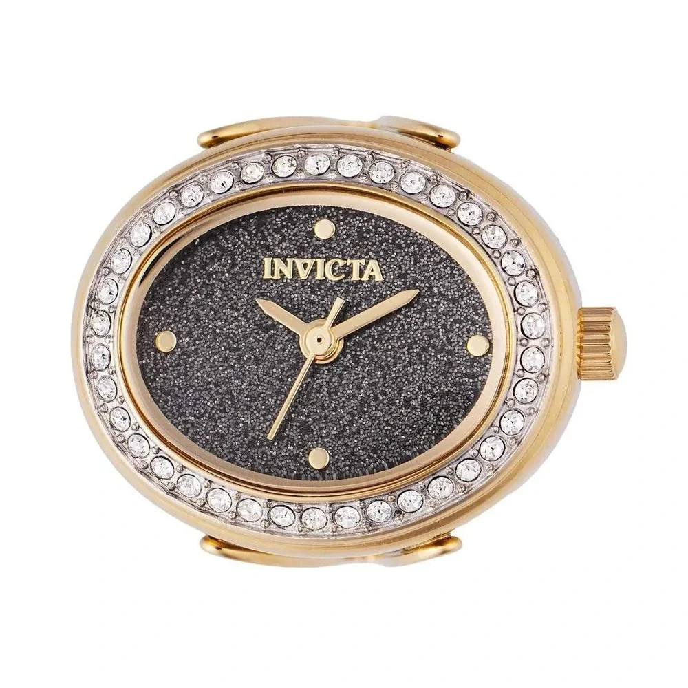 Invicta Angel 49601 Women Gold Tone Crystal Charcoal Glitter Dial Ring Watch NIB